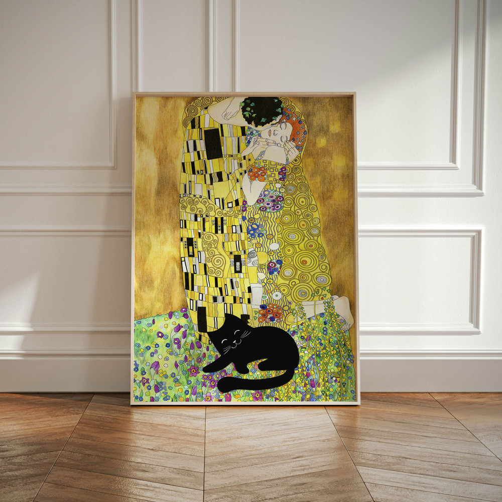 Gustav Klimt Cat Print, The Kiss Exhibition Cat Poster, Black Cat Art, Funny Cat Painting Print, Funny Gift for her,Famous Artist Home Decor.jpg