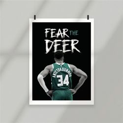 sport design - giannis antetokounmpo, milwaukee bucks - number 34 - fear the deer - poster - art print