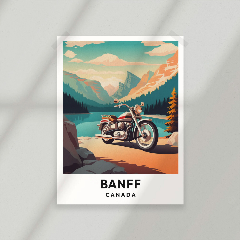 Banff National Park - Canada - Lake - Motorbike - Biker - Poster - Minimalist Nature Poster - Travel Print - Nature Wall Art.jpg
