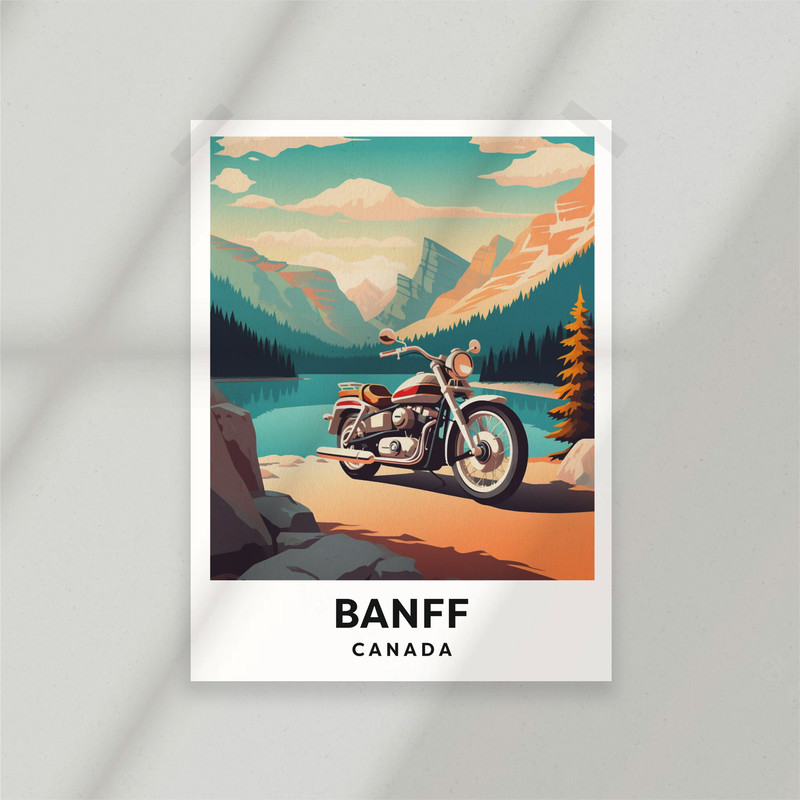 Banff National Park - Canada - Lake - Motorbike - Biker - Poster - Minimalist Nature Poster - Travel Print - Nature Wall Art.jpg