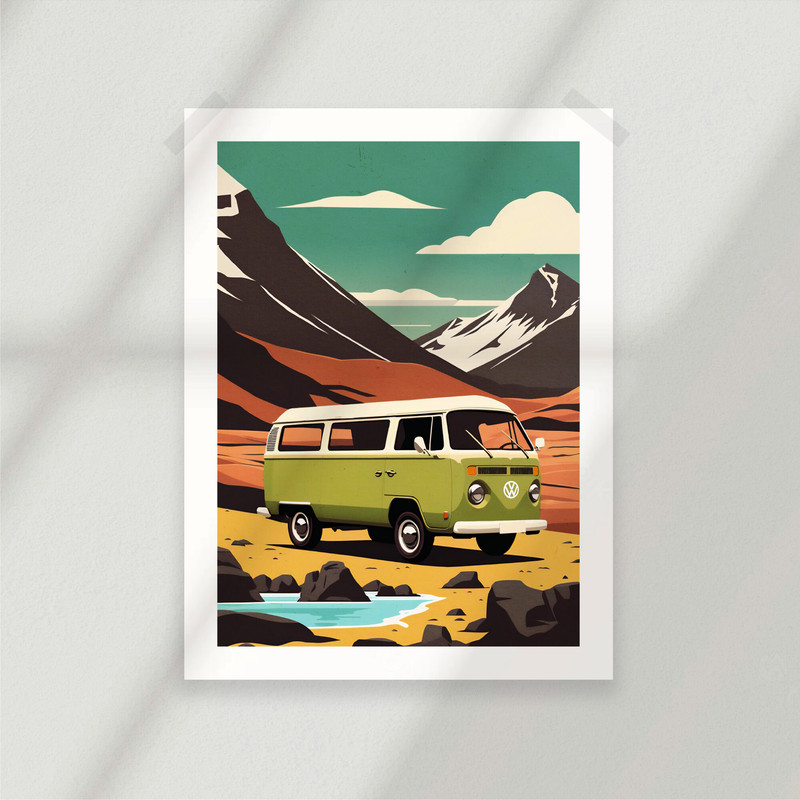 VW Westfalia T1 - Camper Van - Van Life - Iceland - Volcano - Poster - Minimalist Nature Poster - Travel Print - Nature Wall Art.jpg