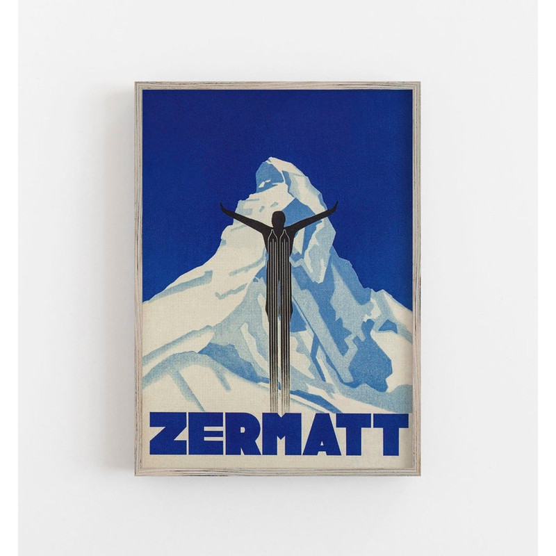 Vintage Ski Poster, Zermatt Switzerland Print, Winter Wall Art, Art Deco Decor.jpg