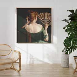 woman with fan vintage wall art woman portrait dark moody colors antique wall decor