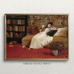 reading woma, vintage wall art, woman portrait, reading in library, antique wall decor
