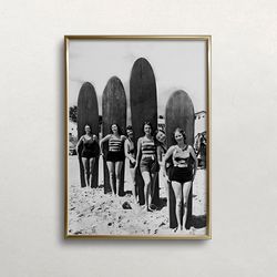 women surfers, black and white art, vintage wall art, beach wall art, women sports art