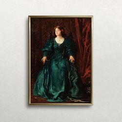woman portrait art vintage wall art dark moody wall decor dark academia emerald green color