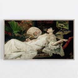 samsung frame tv art, vintage wall art, woman with fan, victorian woman, muted neutral decor