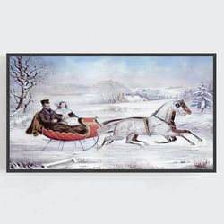 samsung frame tv art, christmas wall art, horse and sleigh, winter wall art, vintage wall art