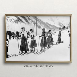 victorian women skiers, black and white art, vintage ski art, vintage ski print, winter wall art