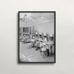 women at beauty salon, black and white art, hair salon decor, vintage wall art, retro wall decor