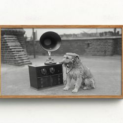 samsung frame tv art, dog listening to music, black and white art, vintage wall art, dog wall art