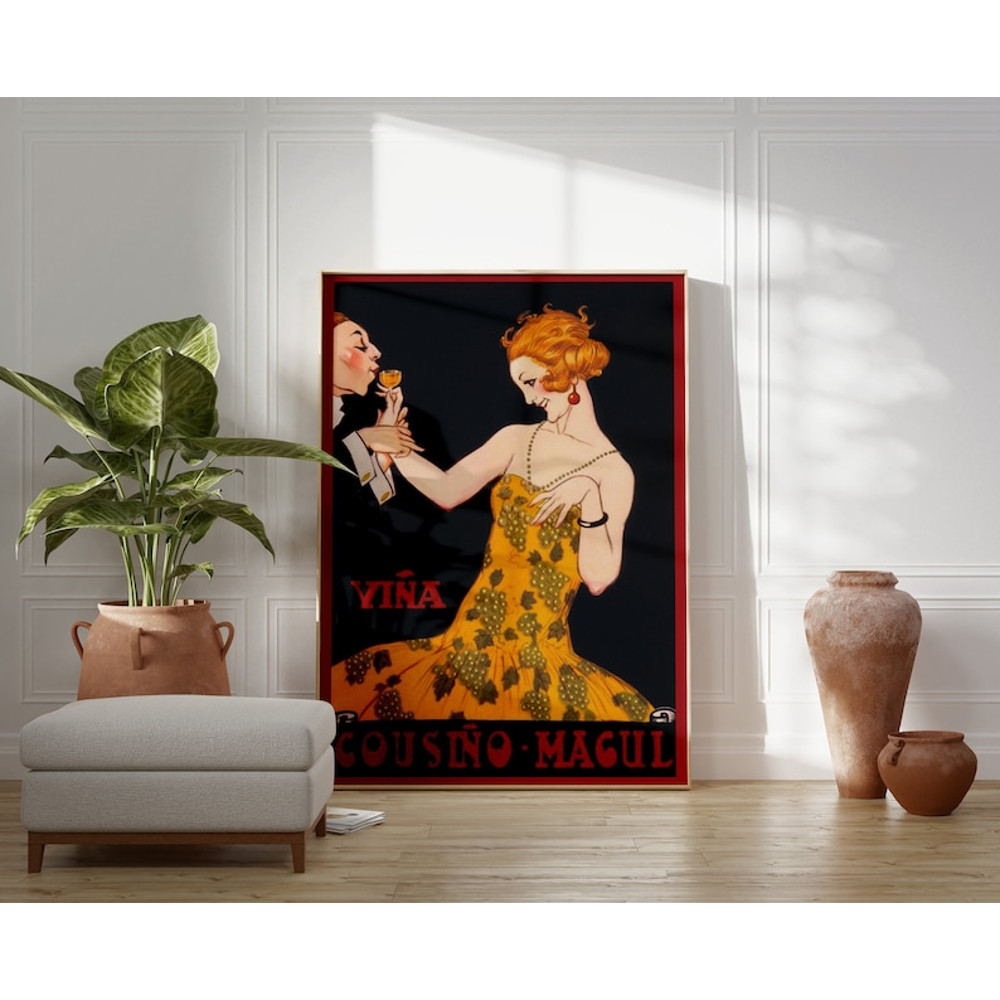 Vintage Woman Portrait, Woman with Wine Print, Wine Wall Art, Woman in Yellow Art, Bar Wall Decor.jpg