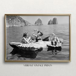 women eating pasta on lake, black and white art, vintage wall art, funny art, pasta picnic on lake