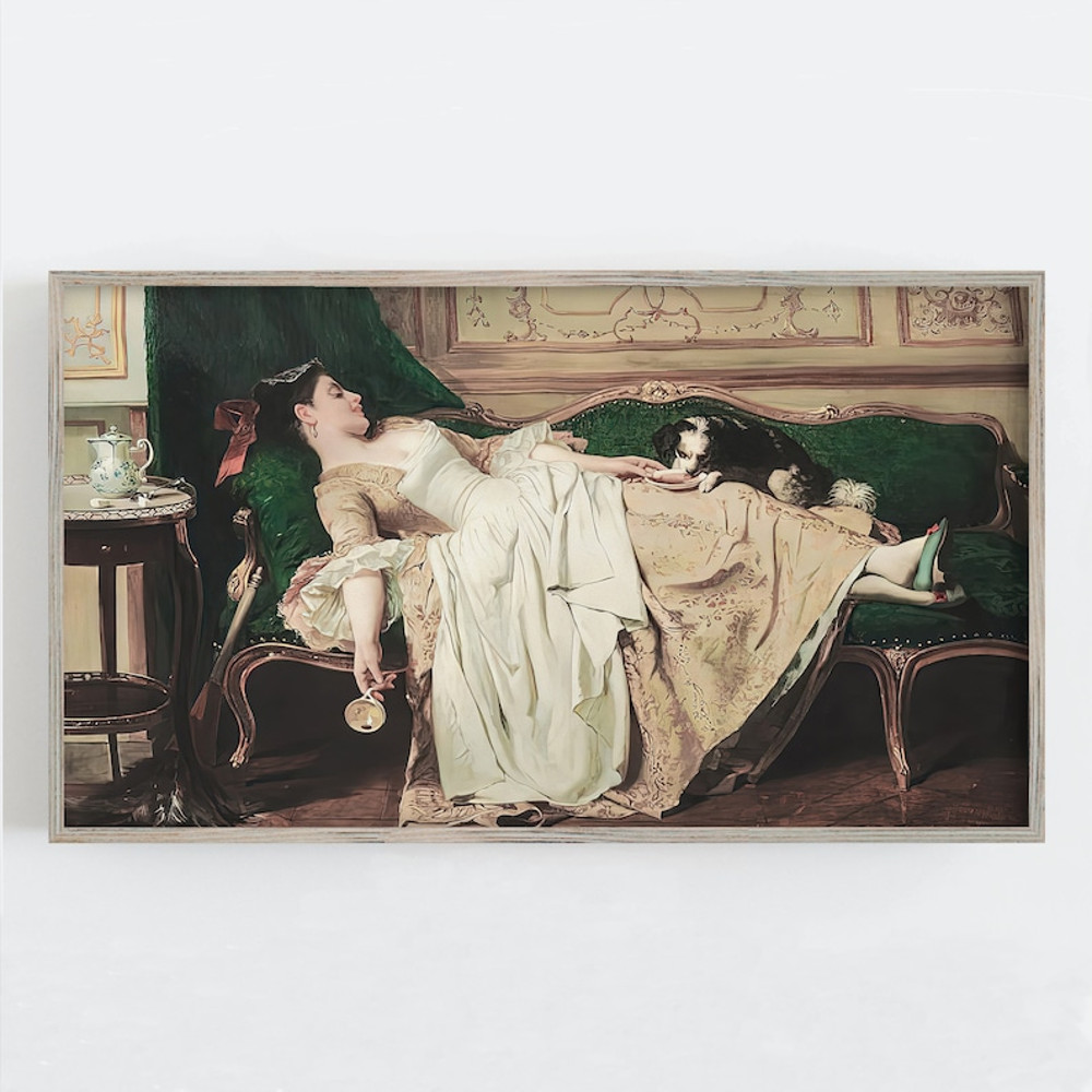 Samsung Frame TV Art, Woman and Dog, Vintage Wall Art, Tea Time, Victorian Wall Decor, Neutral Colors.jpg