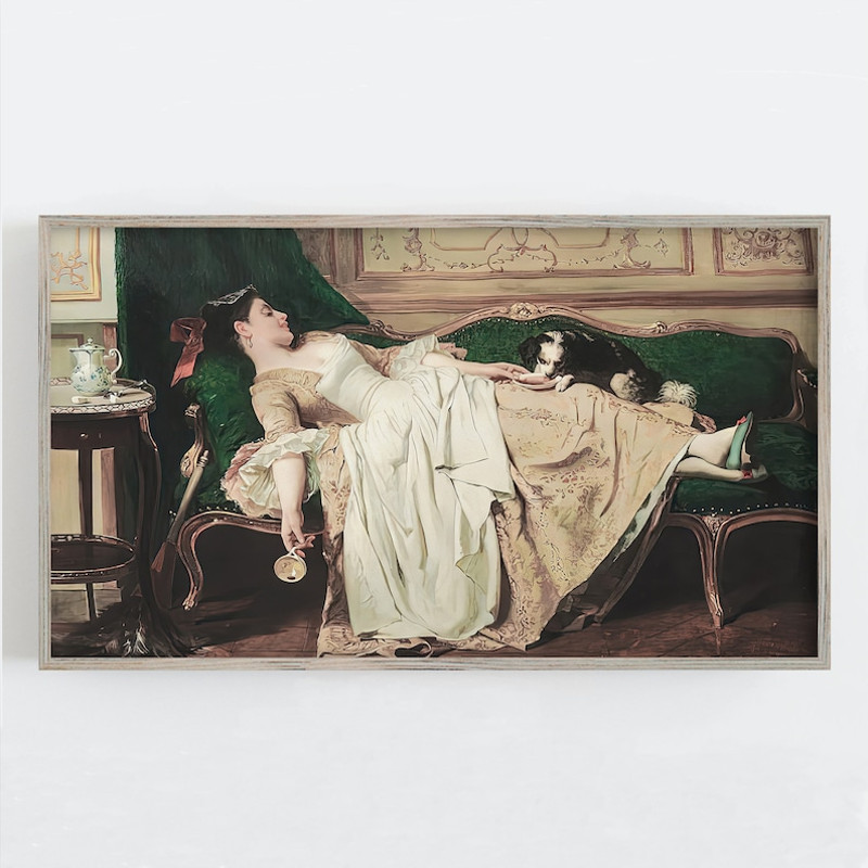 Samsung Frame TV Art, Woman and Dog, Vintage Wall Art, Tea Time, Victorian Wall Decor, Neutral Colors.jpg