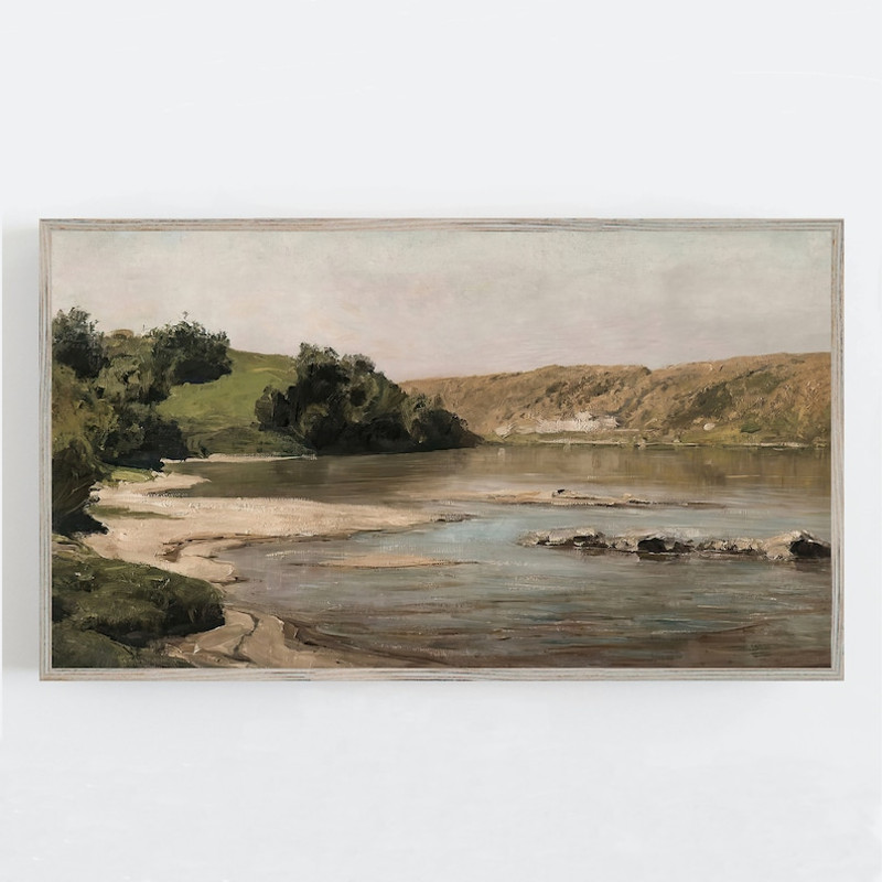 Samsung Frame TV Art, Vintage Wall Art, River Landscape Wall Art, Soft Muted Colors, Neutral Home Decor.jpg