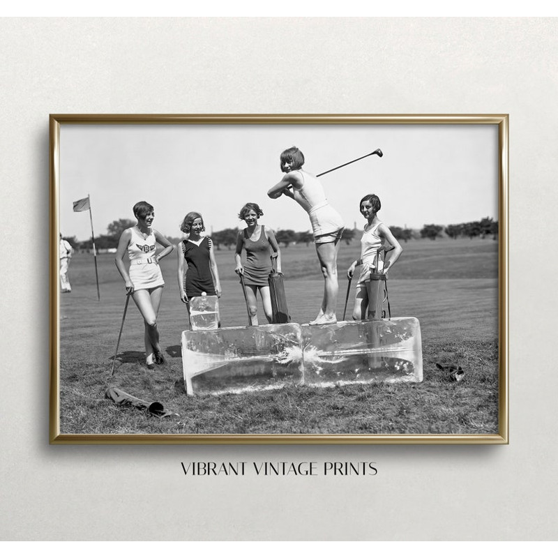 Women Golfers Print, Black and White Art, Vintage Wall Art, Funny Golf Art, Lady Golfers on Ice, Old Photo.jpg