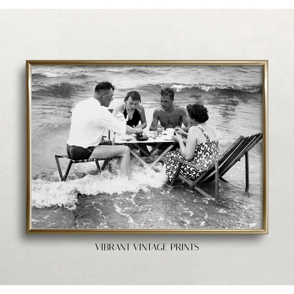 Tea Party in Surf, Vintage Beach Art, Black and White Art, Vintage Wall Art, Beach Wall Art, Funny Wall Art.jpg