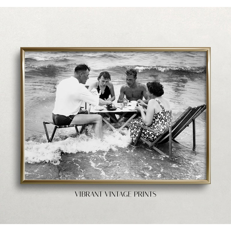 Tea Party in Surf, Vintage Beach Art, Black and White Art, Vintage Wall Art, Beach Wall Art, Funny Wall Art.jpg