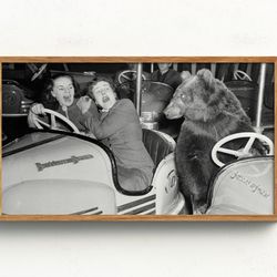 samsung frame tv art, bear driver, black and white art, vintage wall art, woman and bear, bear in bumper car