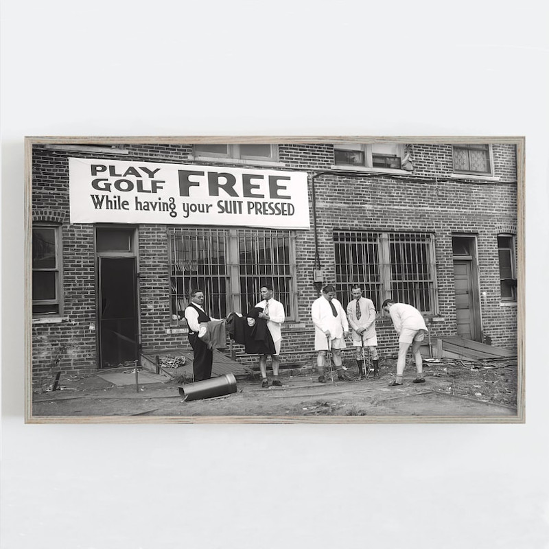 Samsung Frame TV Art, Men Playing Golf, Funny, Black and White, Vintage Wall Art, Golf Wall Art, Suit Pressed.jpg