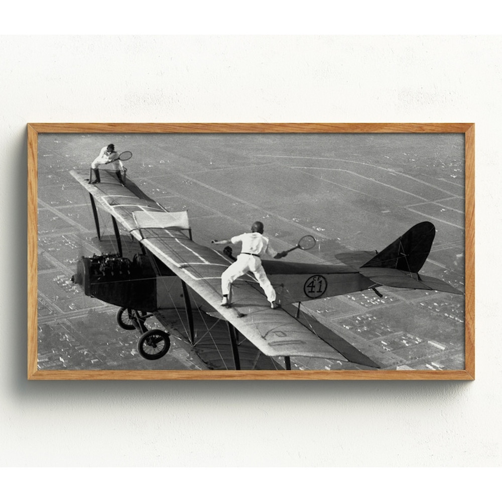 Samsung Frame TV Art, Tennis on Airplane Wings, Black and White Art, Vintage Wall Art, Tennis Wall Art, Funny Art.jpg