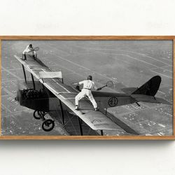 samsung frame tv art, tennis on airplane wings, black and white art, vintage wall art, tennis wall art, funny art