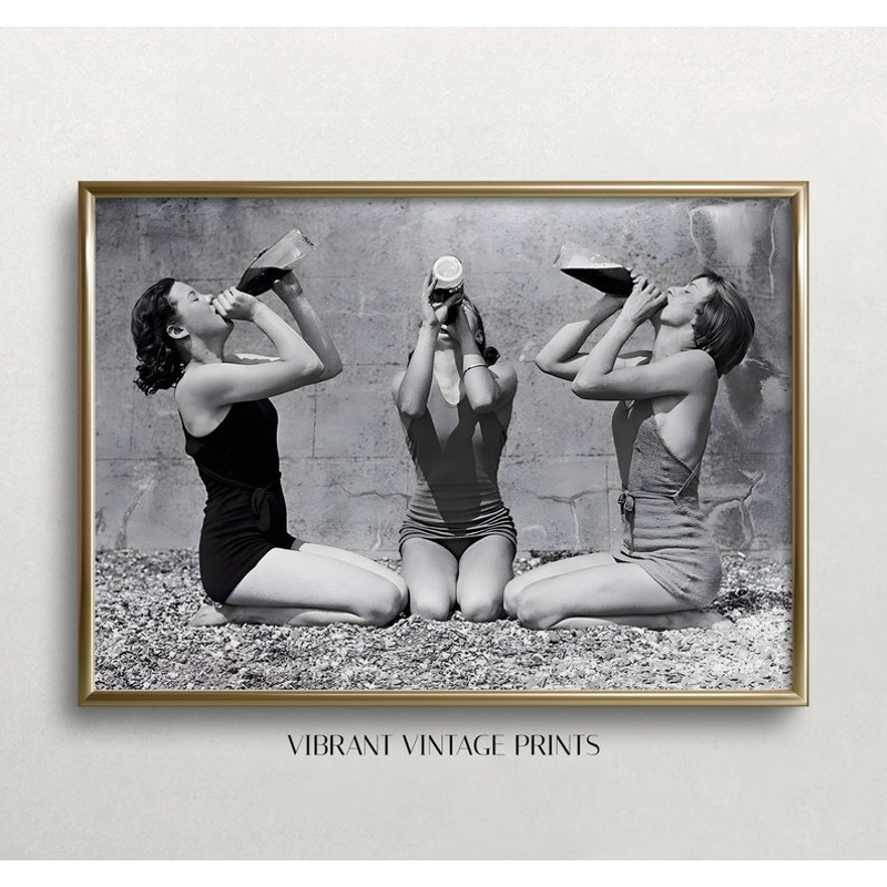 Woman Drinking, Black and White Art, Vintage Wall Art, Drinking from Bottles, Bar Cart Decor, Funny Art DIGITAL DOWNLOAD.jpg