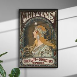 vintage poster chocolate girl print french art nouveau red blue