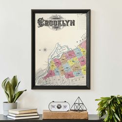 vintage brooklyn map print, antique usa wall art, retro nyc city map-1