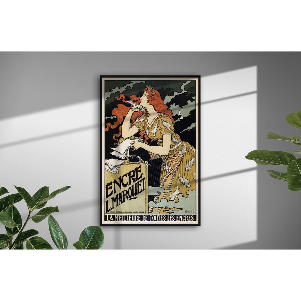 Vintage Poster Young woman writing print french art nouveau orange blue.jpg