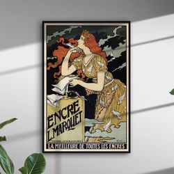 vintage poster young woman writing print french art nouveau orange blue