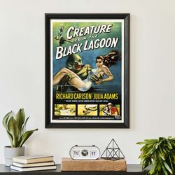 vintage creature of the black lagoon poster, retro horror hollywood movie art print