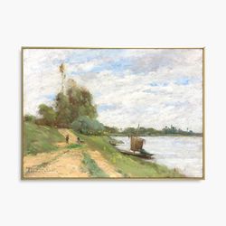 vintage painting art print, riverside oil painting, farmhouse decor, cottage core art