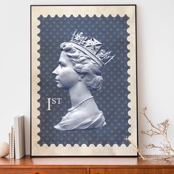 queen elizabeth blue stamp print, vintage queen of england poster, british stamp decor