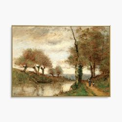 vintage countryside art print, riverside oil painting, farmhouse decor, rustic wall art