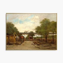 vintage railway painting art print, countryside decor, cottagecore art, rural landscape art
