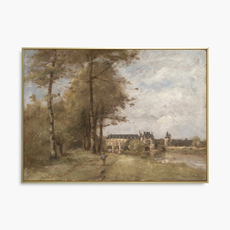 Vintage Castle Landscape Art Print, Riverside Oil Painting, Farmhouse Decor, Cottagecore Art.jpg