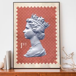 queen elizabeth stamp print, vintage queen of england poster, hrh wall art, royal stamp decor