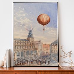vintage french hot air balloon print, travel poster, french illustration art print, oil painting