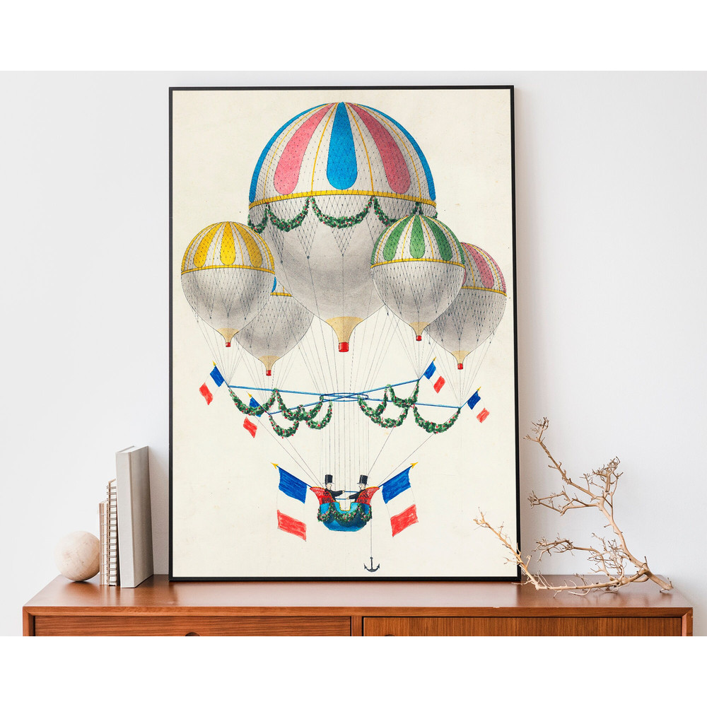 Kids Room Hot Air Balloon Art, Vintage Travel Poster, Aviation Wall Art, French Flag Illustration.jpg