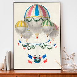 kids room hot air balloon art, vintage travel poster, aviation wall art, french flag illustration