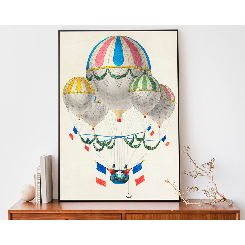 Kids Room Hot Air Balloon Art, Vintage Travel Poster, Aviation Wall Art, French Flag Illustration.jpg
