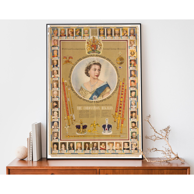 Queen Elizabeth Coronation Print, Vintage Queen Of England Poster, HRH Wall Art, Royal Family Decor.jpg
