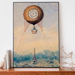 vintage hot air balloon poster, antique travel poster, french illustration art print, eiffel tower art
