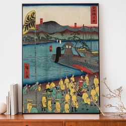 traditional japanese poster, utagawa hiroshige woodblock print for asian home decor, japanese village painting