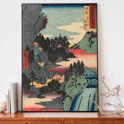 traditional japanese poster, utagawa hiroshige woodblock print for asian home decor, japanese mountain painting