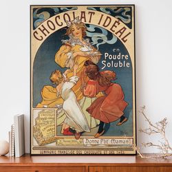 vintage chocolate alphonse mucha illustration, retro french advertising posters, art nouveau wall art, french decor