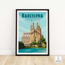 barcelona print  travel poster  barcelona vintage wall art from spain  barcelona gift framed & unframed