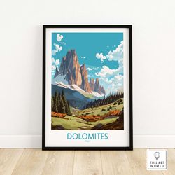 dolomites italy print travel print  home dcor poster gift  digital illustration artwork wall hanging  framed & unframed